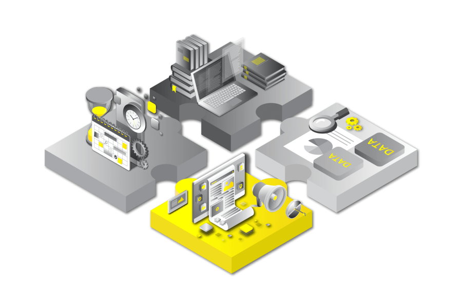 drawing of four puzzle pieces with different office tasks on each piece, showing different tasks that can be outsourced to virtual employees